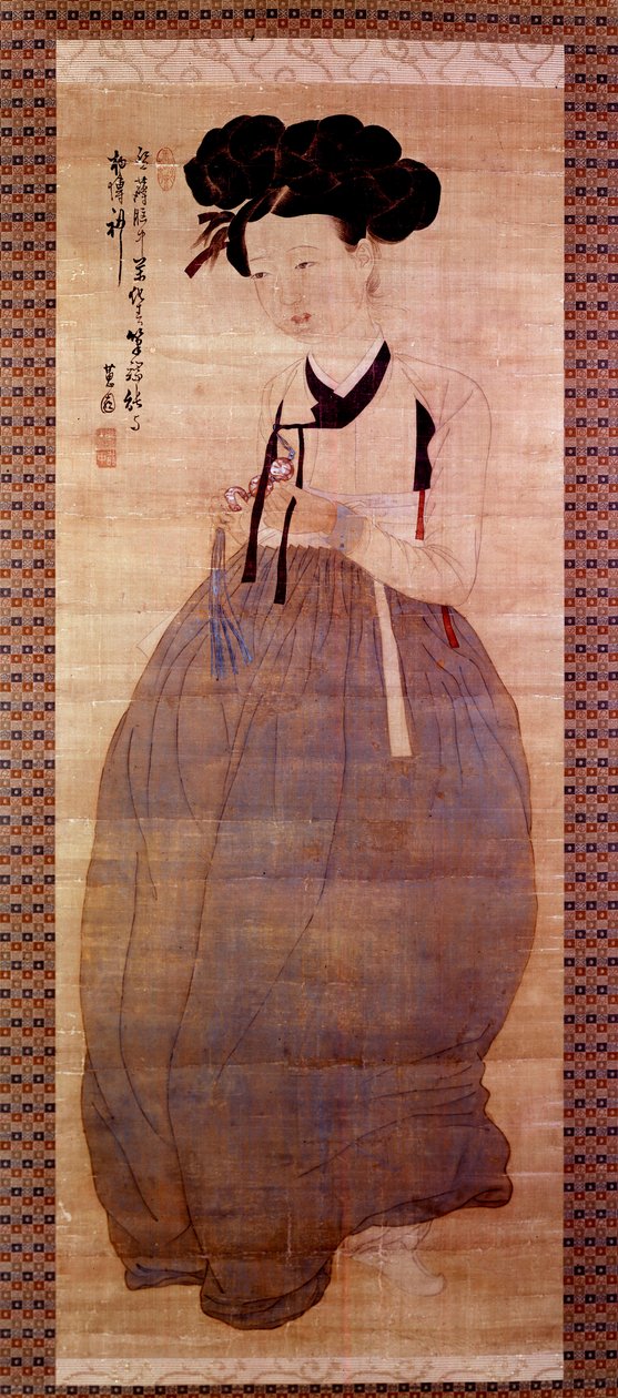 Arte coreano: Retrato de geisha (chica coreana con traje de geisha). Estampa de 1758. Colección privada de Korean School