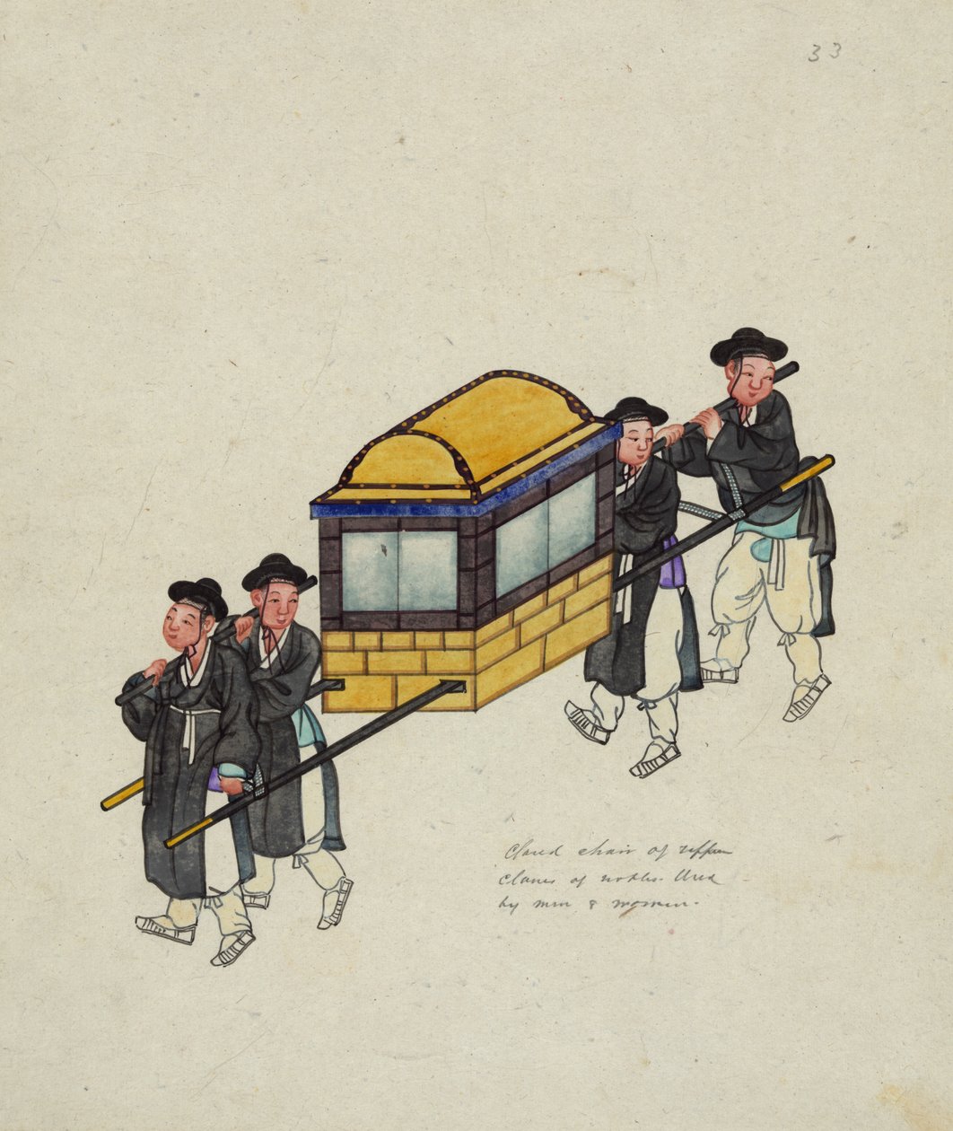 Cuatro porteadores llevando a un oficial en una "gama" o palanquín, c.1890 de Korean School