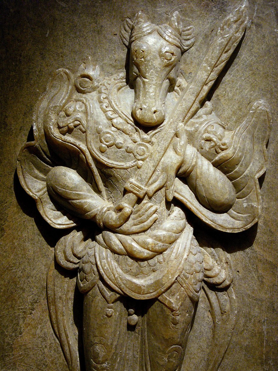 Ornamento de tumba, caballo del zodiaco en agalmatolita, siglo VIII bajo el período de los Reinos del Norte y del Sur, Corea. Fotografía, Museo Nacional de Seúl, República de Corea de Korean School