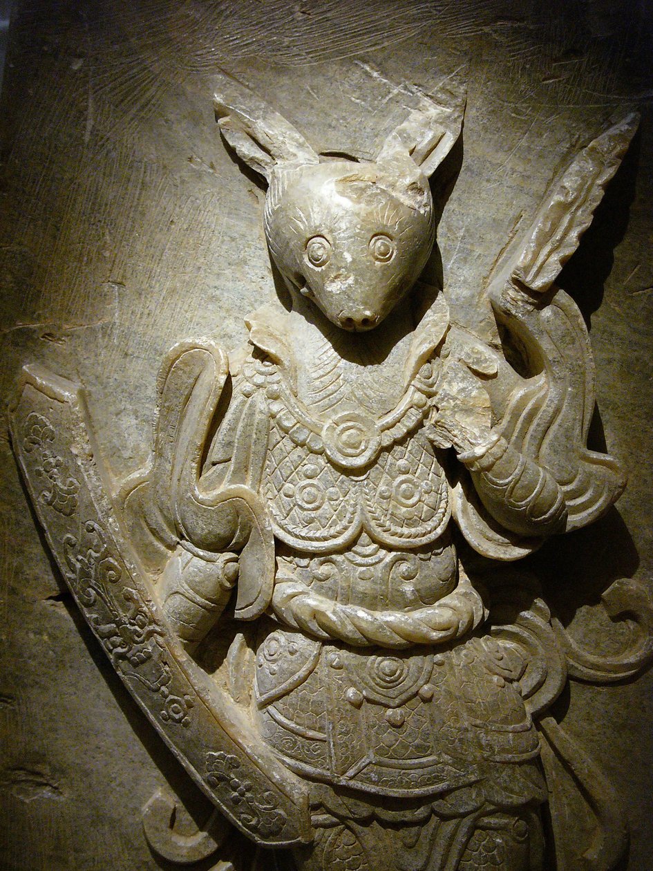 Ornamento de tumba, conejo del zodiaco en agalmatolita, siglo VIII bajo el período de los Reinos del Norte y del Sur, Corea. Fotografía, Museo Nacional de Seúl, República de Corea de Korean School