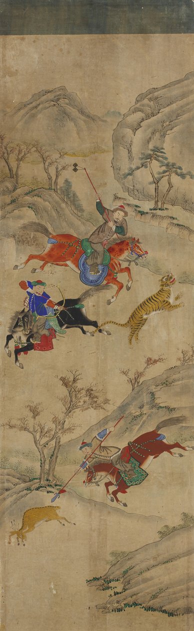 Escena de caza (3 jinetes cazando ciervos y tigres) de Korean School