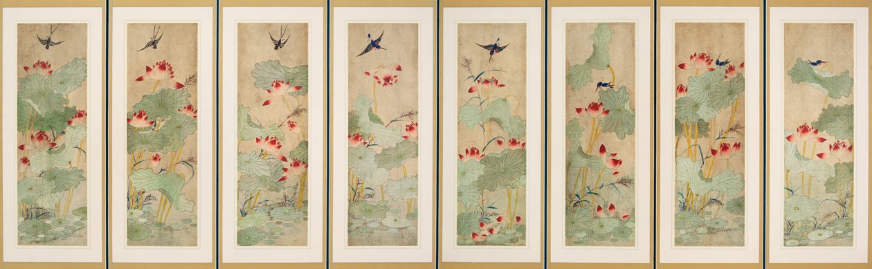 Flores de loto y pájaros de Korean School