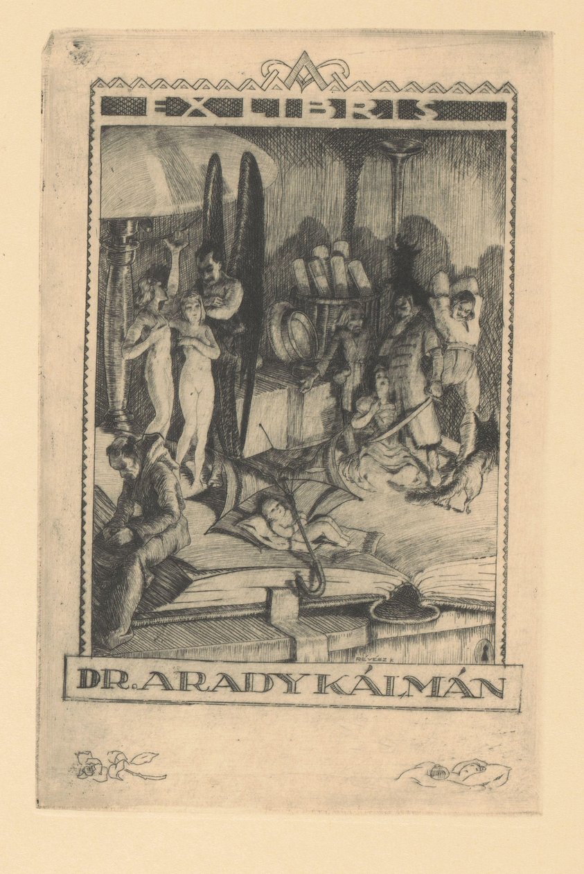 Kálmán Arady tiene un ex libris Ex libris dr. Kálmán Arady (título sobre objeto) de Kornél Révész