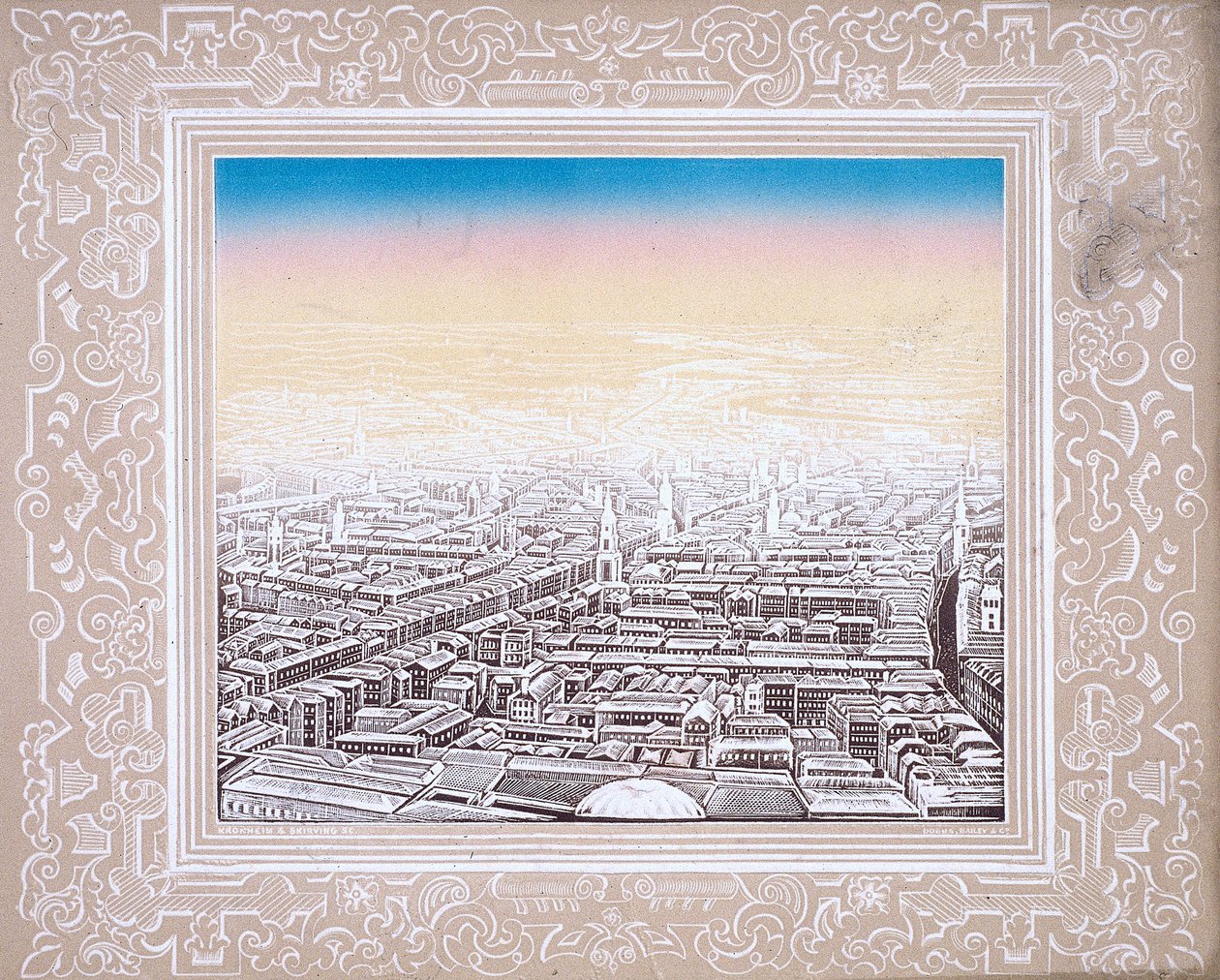 Vista aérea de Londres enmarcada en un borde decorativo, c1845 de Kronheim and Co