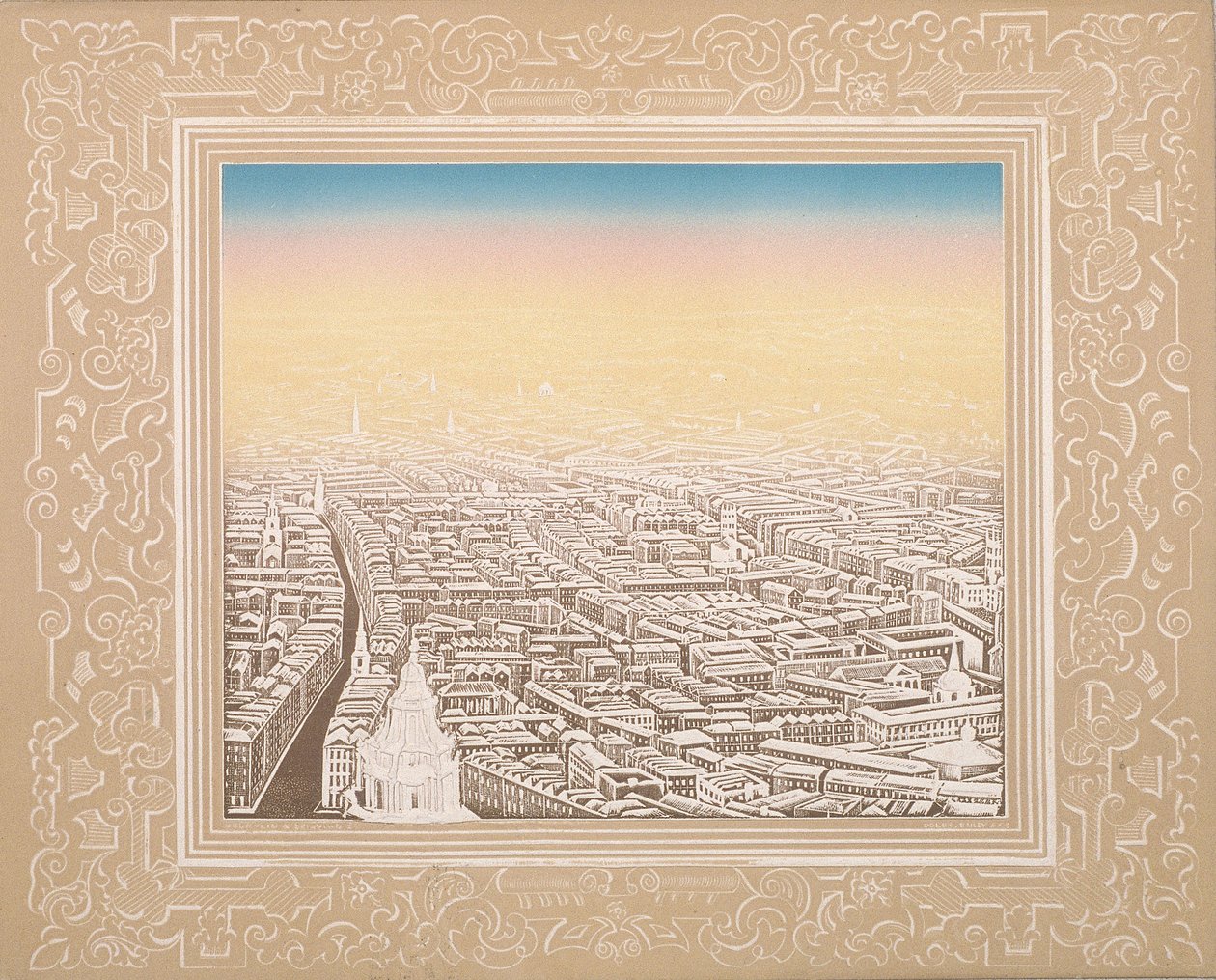 Vista aérea de Londres enmarcada en un borde decorativo de Kronheim and Co