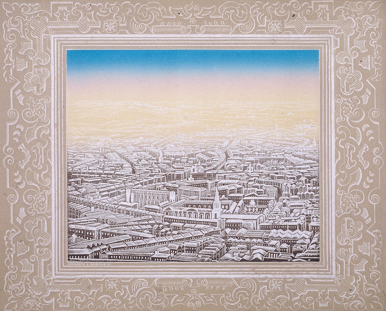 Vista aérea de Londres con borde decorativo, c. 1845 de Kronheim and Co