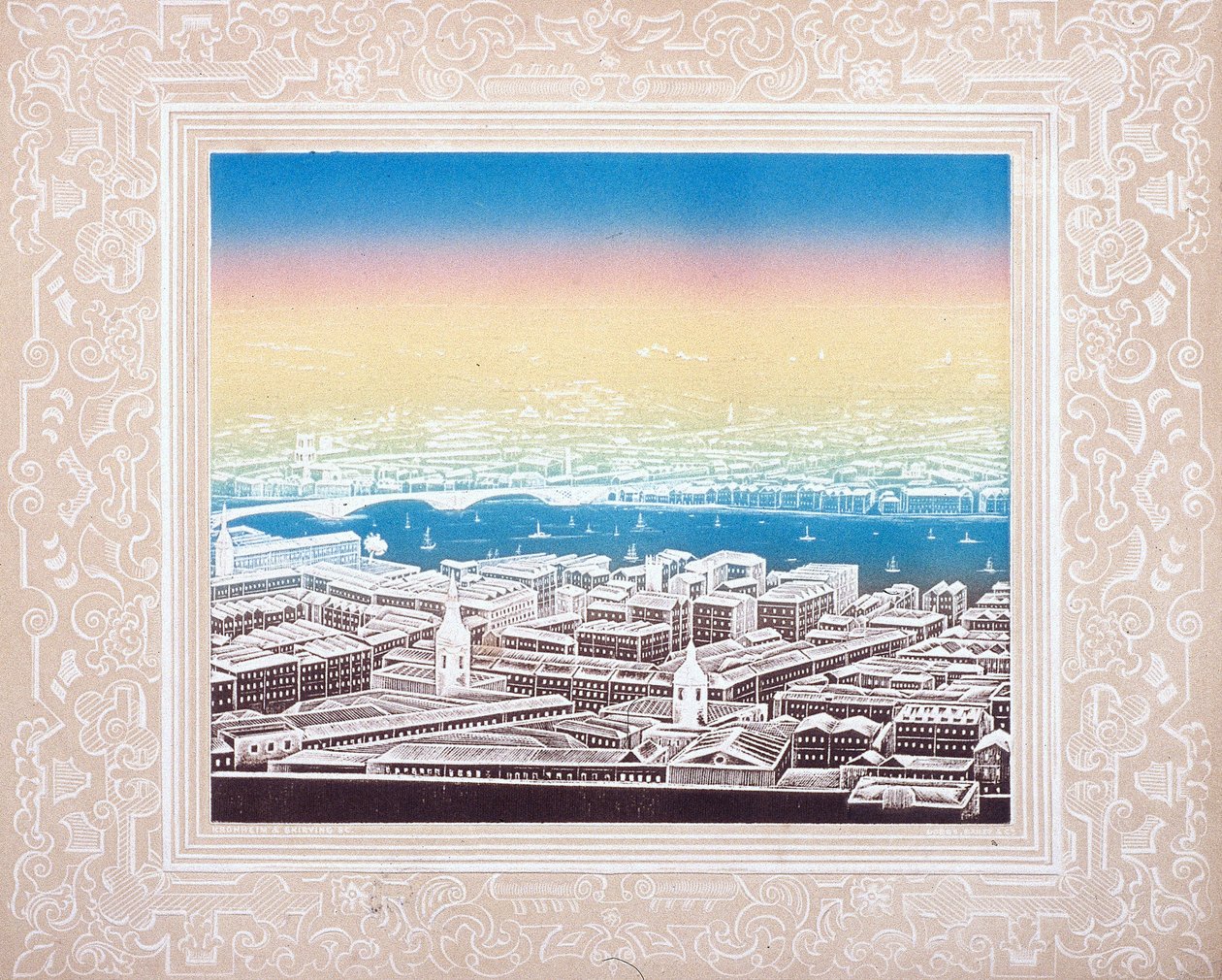 Vista aérea de Londres con borde decorativo de Kronheim and Co