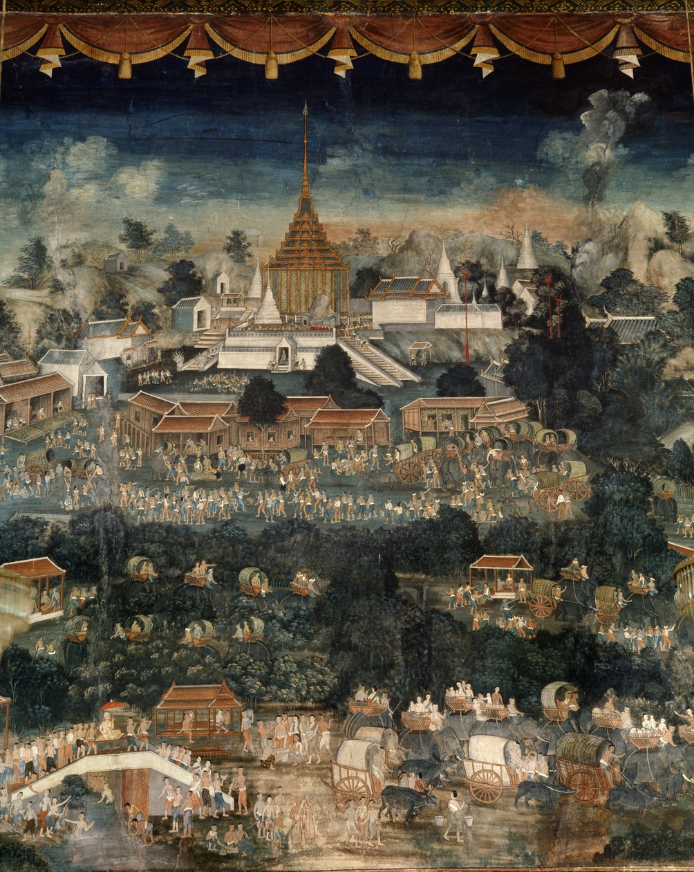 Peregrinación al templo de la Huella de Buda en Saraburi (pintura mural) de Krua Inkhong