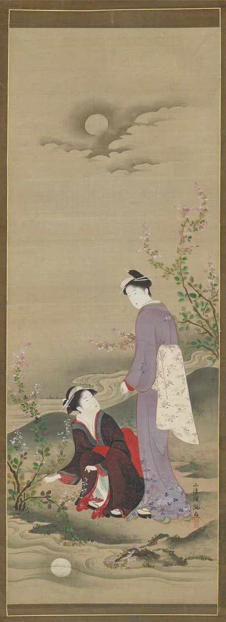 Otoño: Dos mujeres mirando el reflejo de la luna, principios del siglo XIX de Kubo Shunman