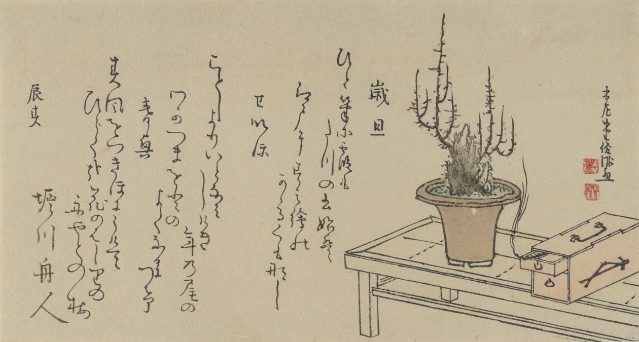 Bonsái de ciruelo en banco y caja, 1796 de Kubo Shunman
