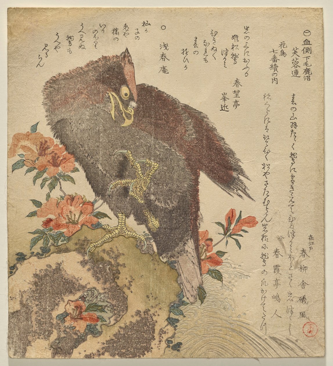 Águila con una garra levantada sobre una roca junto a un arbusto de azalea de Kubo Shunman