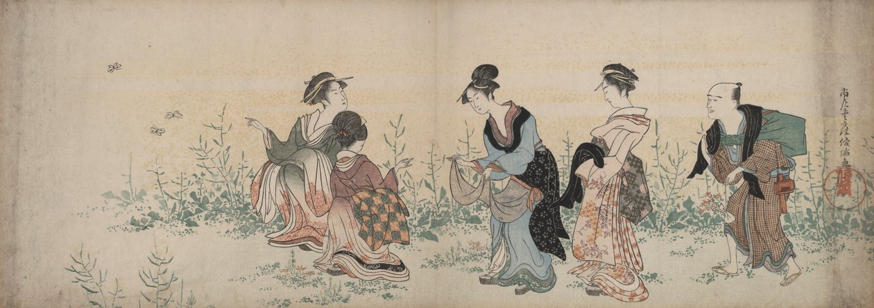Cuatro chicas y un sirviente disfrutando de flores silvestres y mariposas. de Kubo Shunman