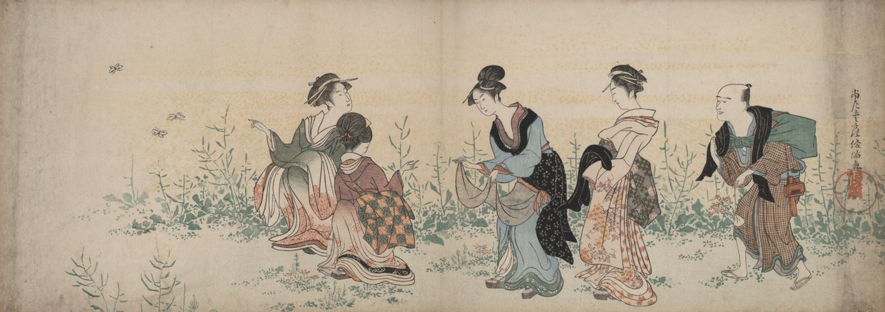 Cuatro niñas y una criada disfrutando de las flores silvestres y las mariposas de Kubo Shunman