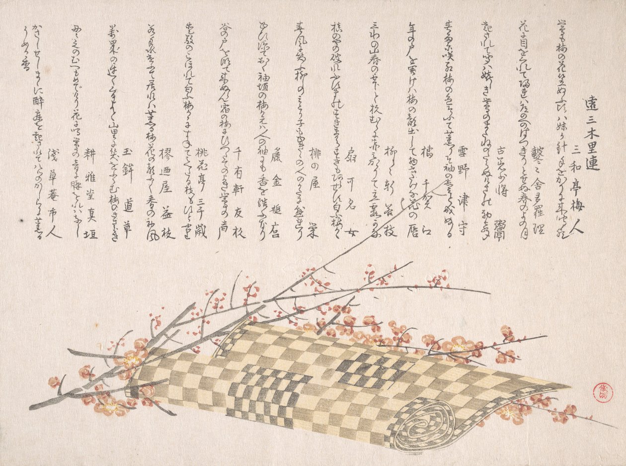 Ramas de Ciruela con Flores y una Estera Enrollada, siglo XIX de Kubo Shunman