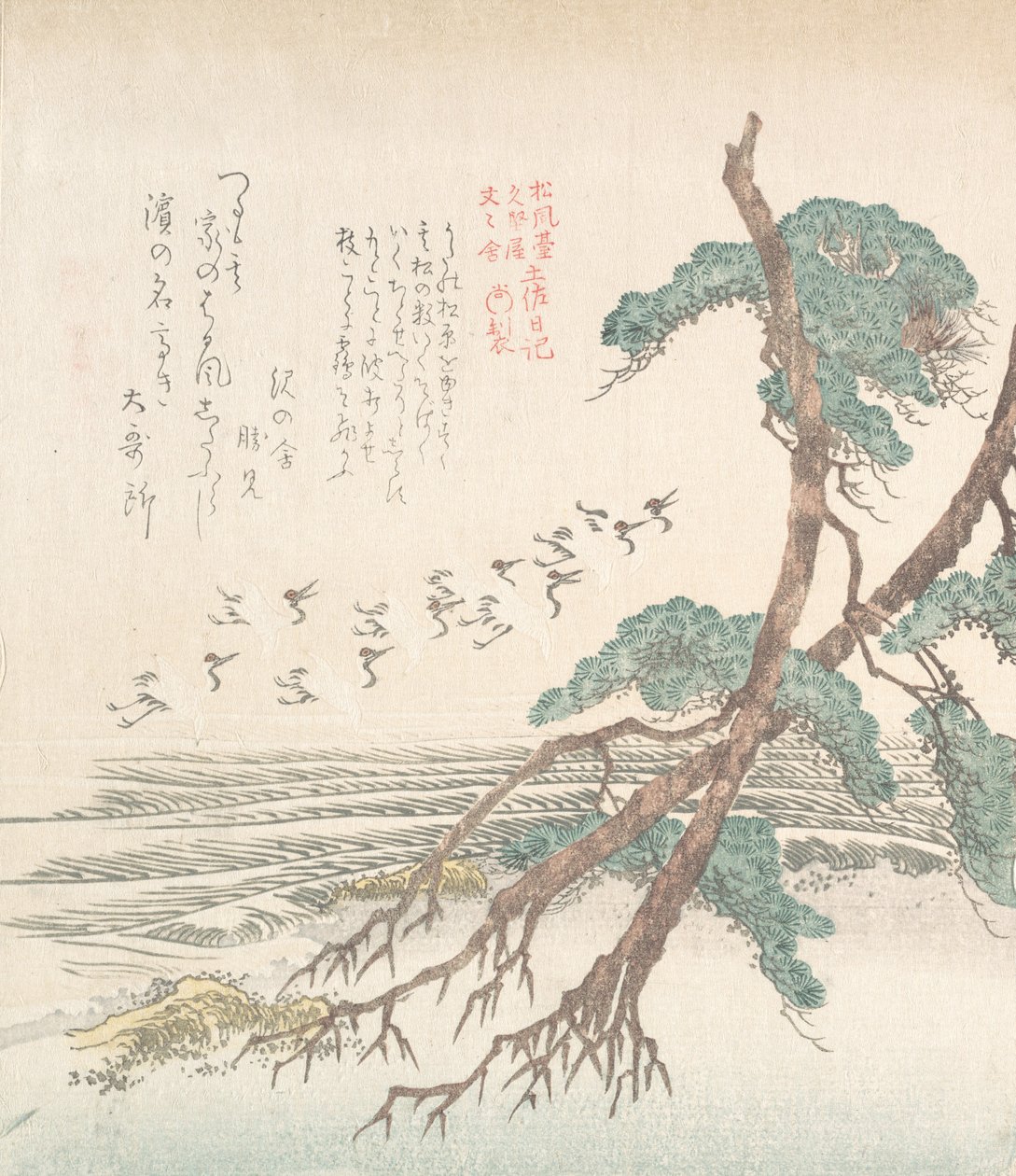Paisaje costero con pinos y grullas voladoras, siglo XIX de Kubo Shunman