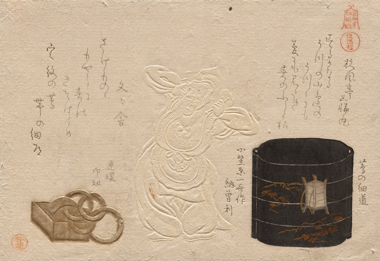 Tres Antigüedades, de la serie Objetos Estimados: Cuero; ¿Inro?; Netsuke (Meibutsu: Kawa; ¿do? inro?; ¿do? netsuke) de Kubo Shunman