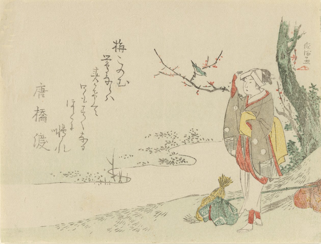 Mujer viajera se detiene a escuchar a un reyezuelo, 1797 de Kubo Shunman