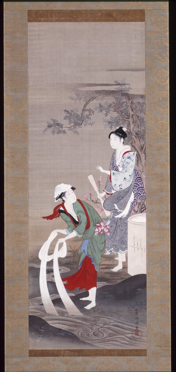 Two Beauties At The Tamagawa (Crystal River) In Mishima (tinta, gofun y color sobre seda) de Kubo Shunman
