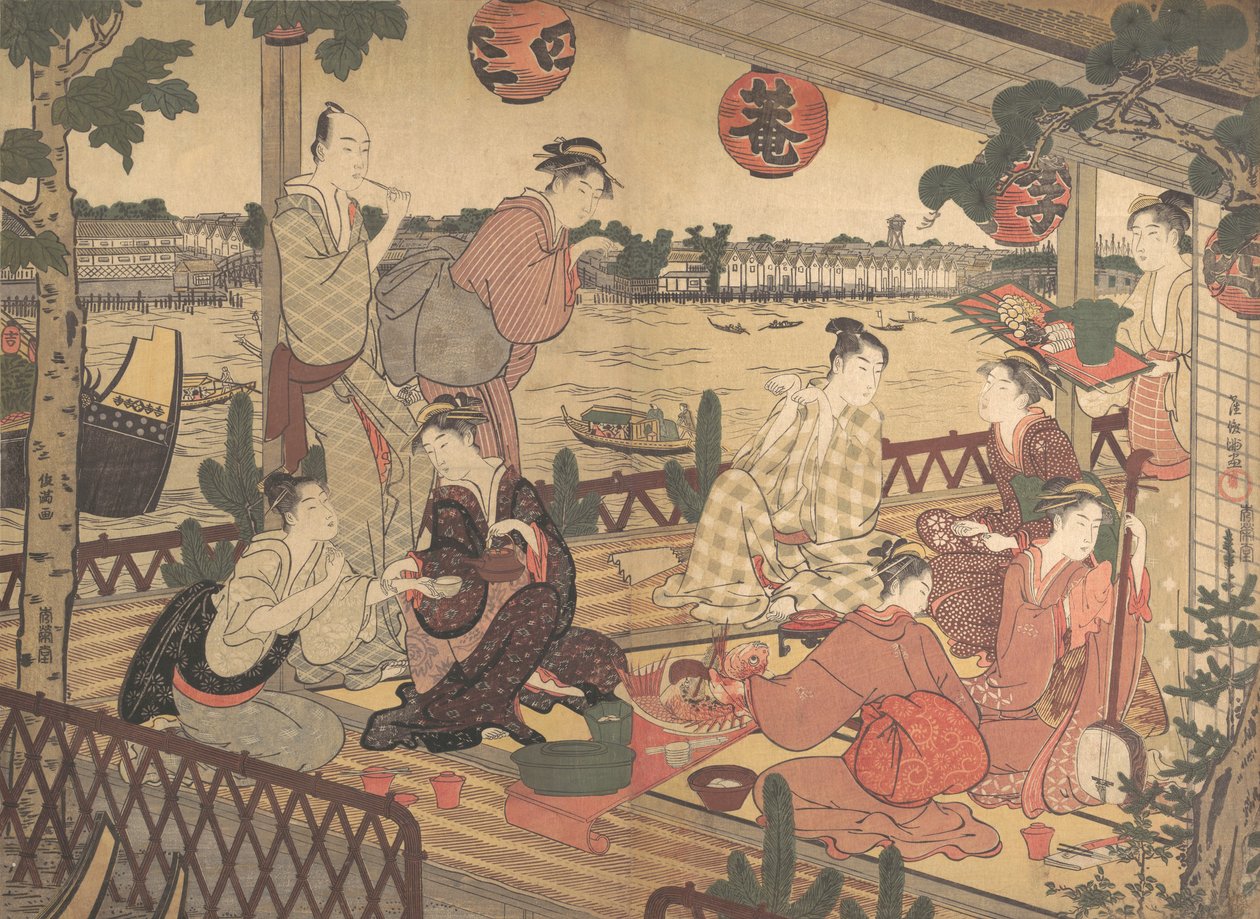 Dos jóvenes y varias mujeres cenando en una casa de té en la orilla del río Sumida, ca. 1788 de Kubo Shunman