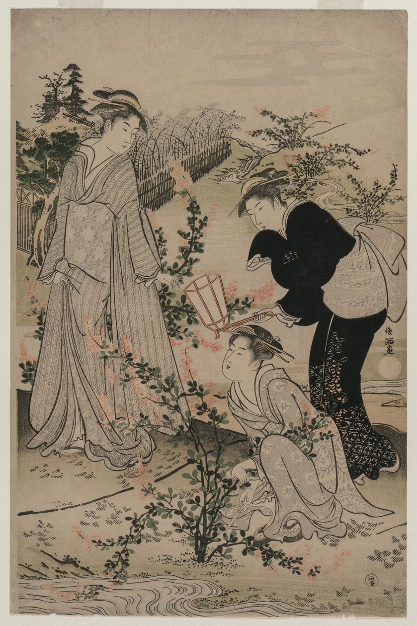 Mujeres cortando ramas de trébol de arbusto, El río Noji Tama en la provincia de Omi..., finales de la década de 1780 de Kubo Shunman