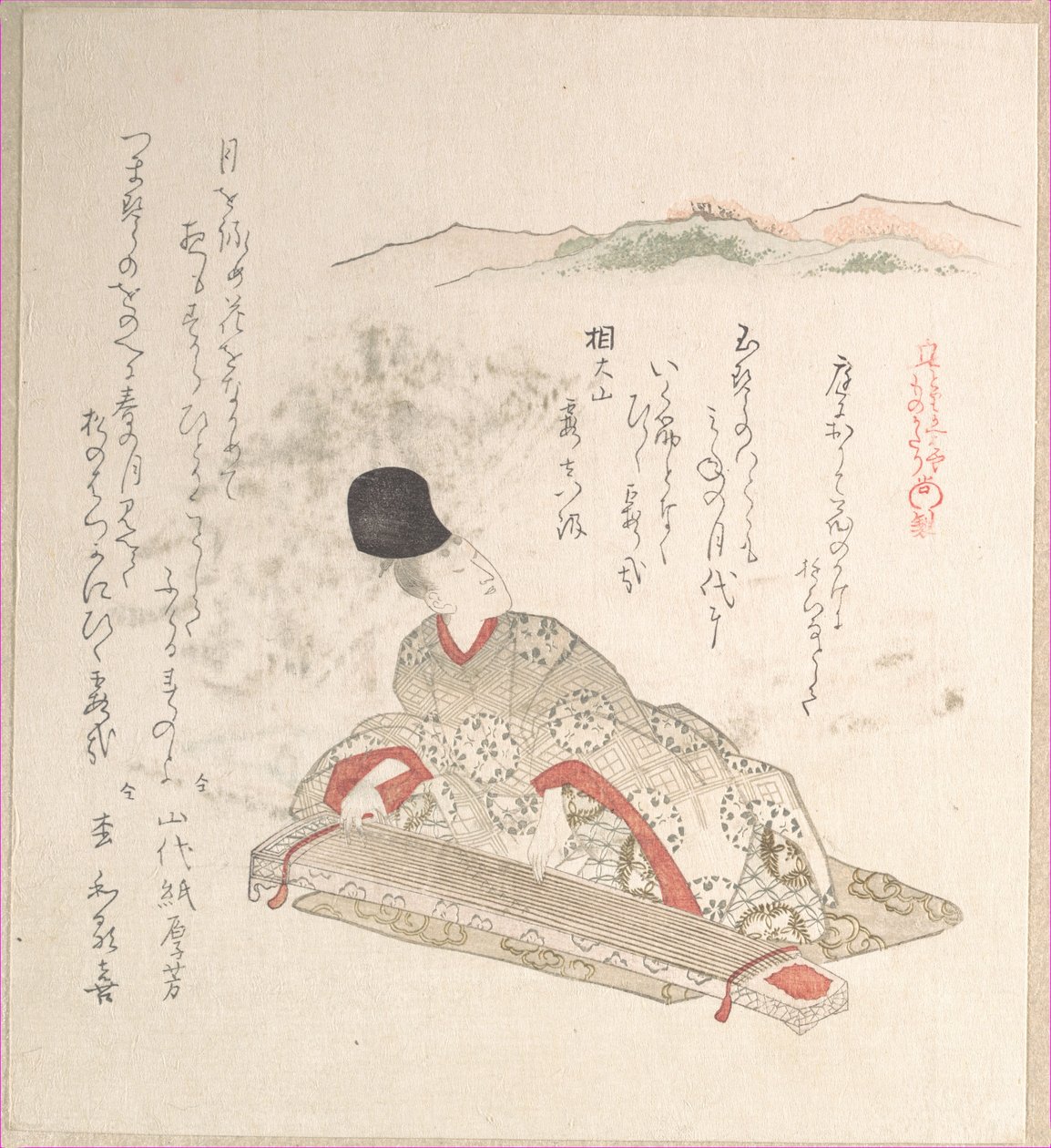 Joven noble tocando el koto (arpa) de Kubo Shunman