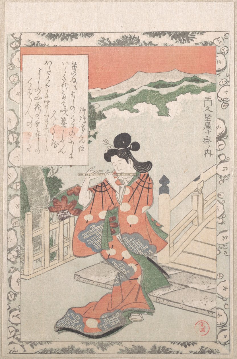 Joven tocando la flauta junto a un puente de Kubo Shunman