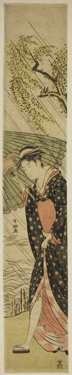 Joven caminando por la orilla del río bajo la lluvia de Kubo Shunman