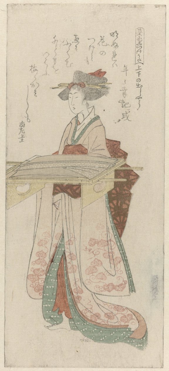 mujer sosteniendo una bandeja con ropa La forma de presentar un over-kimono de Kubota Shunman