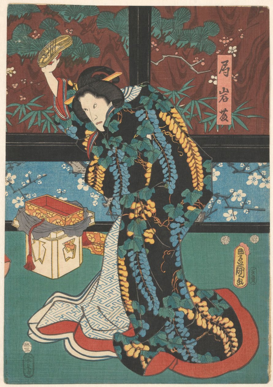 Escena de la obra La montaña del espejo Dama de honor Iwafuji con sandalia en la mano de Kunisada (I) , Utagawa