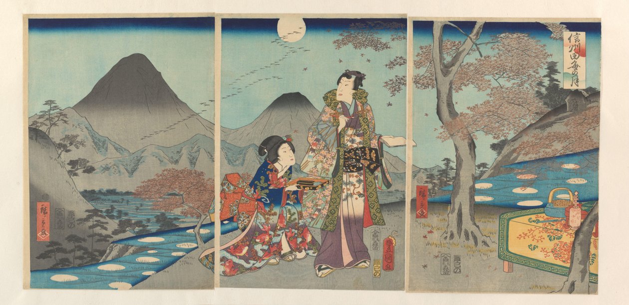 La luna reflejada en los arrozales de Shinano Shinshû tagoto no tsuki (título sobre objeto) de Kunisada (II) , Utagawa