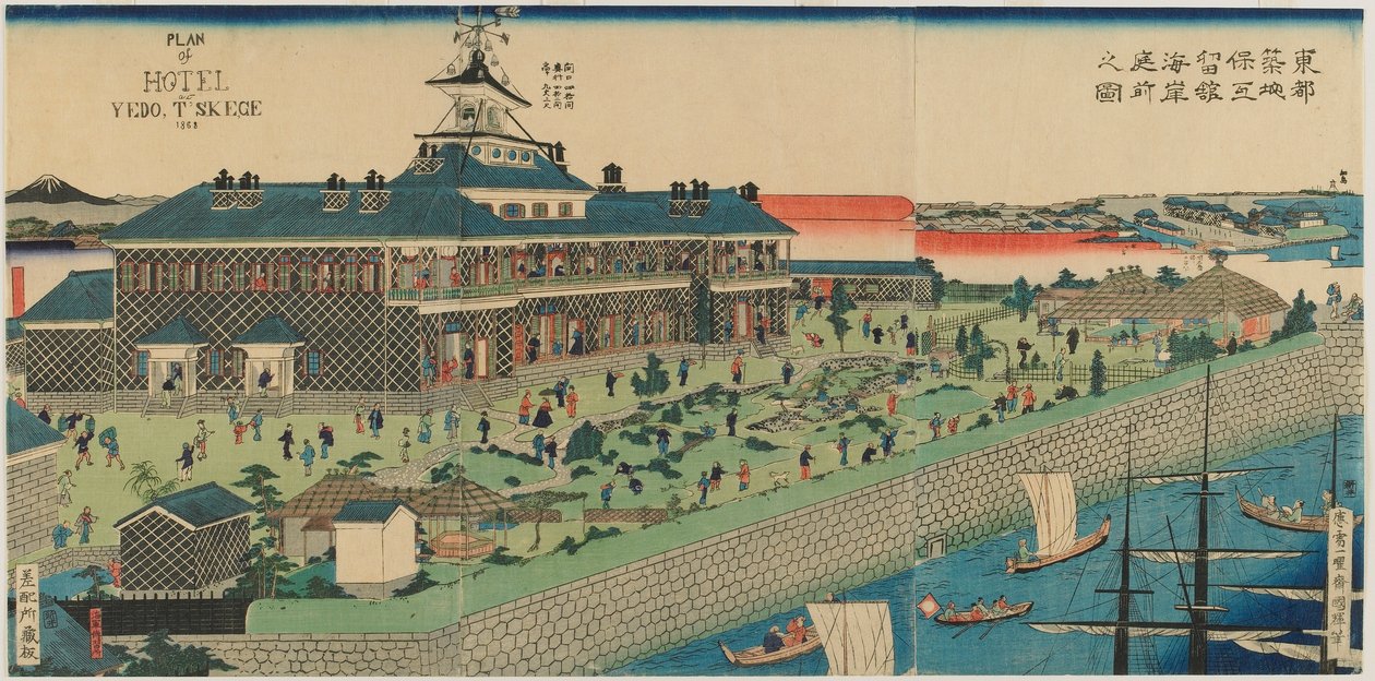 El jardín junto al mar del Hotel Tsukiji en la capital oriental, era Meiji, 1868 de Kuniteru II Utagawa