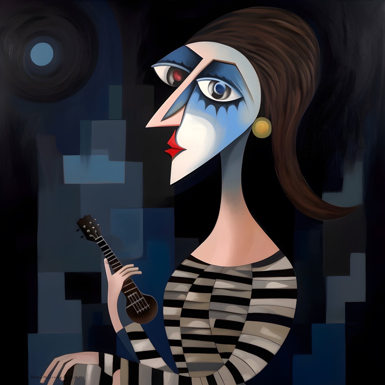 3D mujer trovadora con su guitarra en la noche luna luces 1 de Kurt Heppke