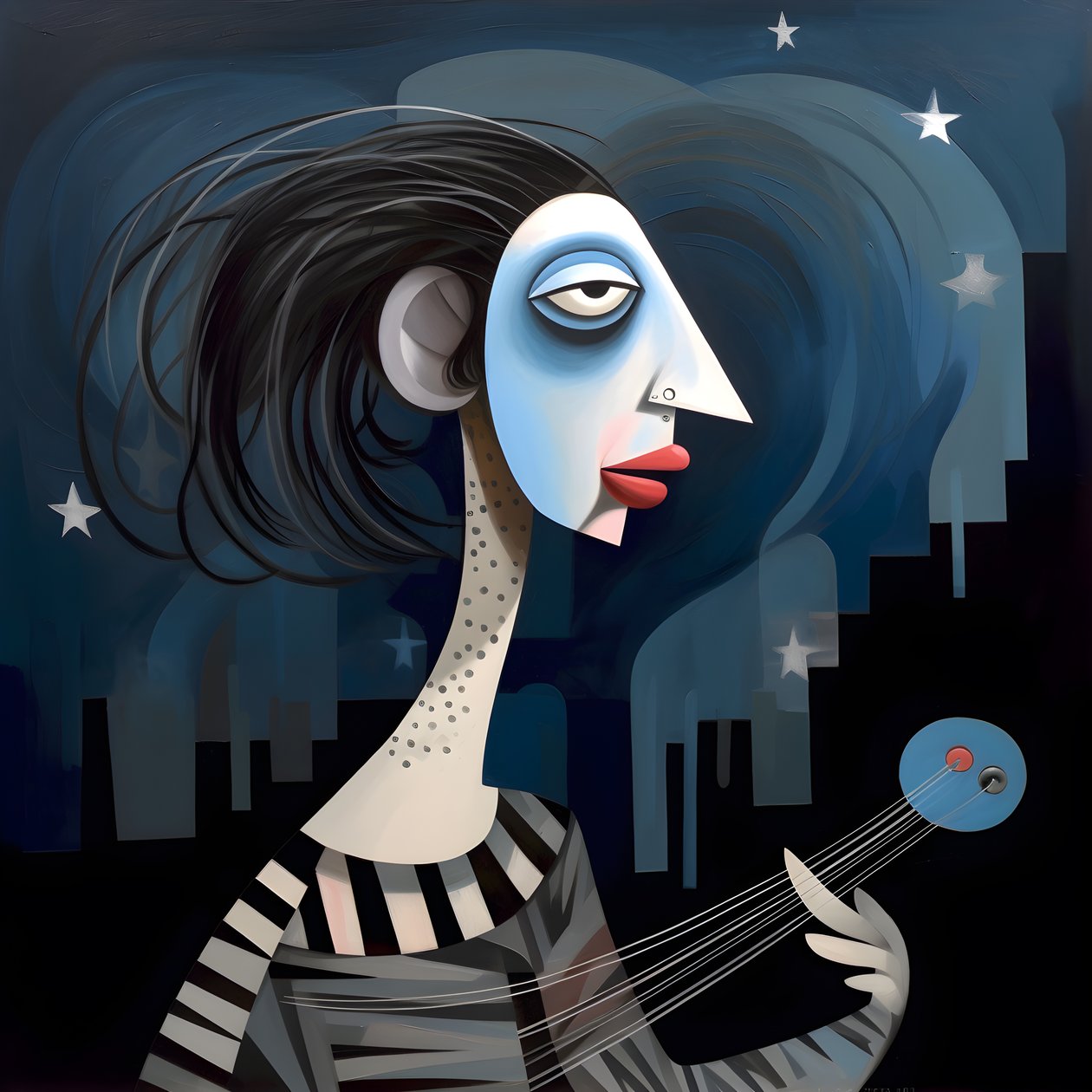 3D mujer trovadora con su guitarra en la noche de luna luces 3 de Kurt Heppke