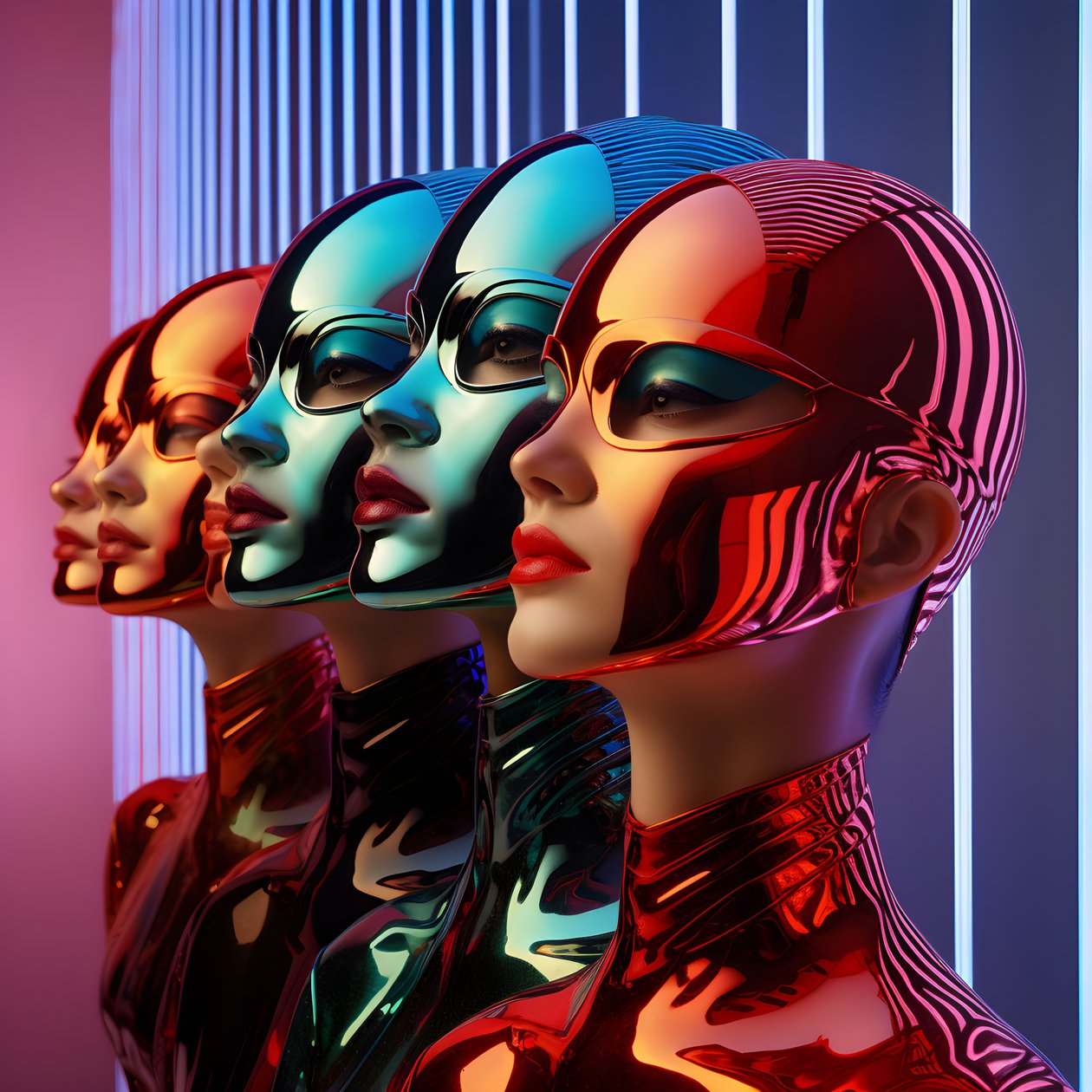 6 mujeres con máscaras 3d paramétricas de plástico fluorescente en una arquitectura futura surrealista y paramétrica, 3 de Kurt Heppke