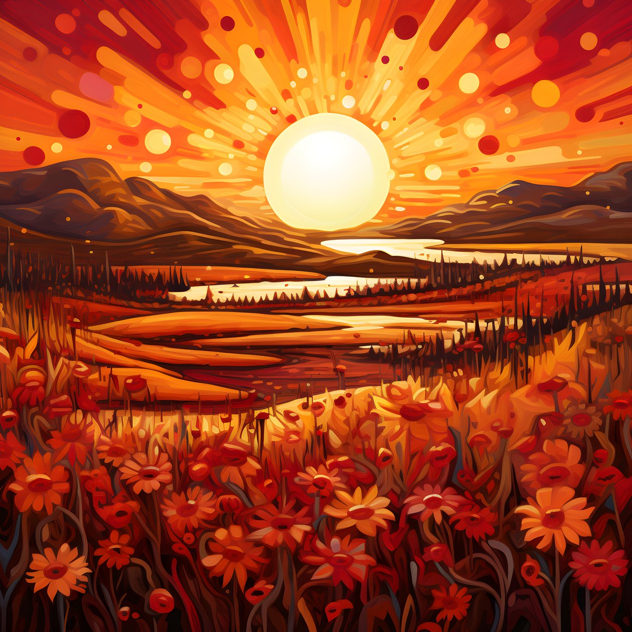 Paisaje abstracto con un campo de flores silvestres y un llamativo sol rojo. 2 de Kurt Heppke