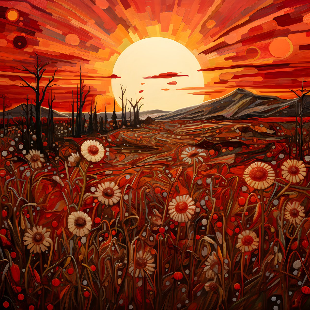 Paisaje abstracto con un campo de flores silvestres y un llamativo sol rojo. 3 de Kurt Heppke