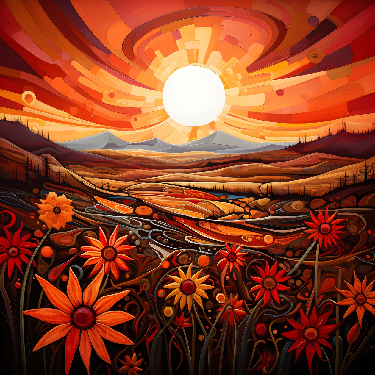 Paisaje abstracto con un campo de flores silvestres y un llamativo sol rojo. 4 de Kurt Heppke