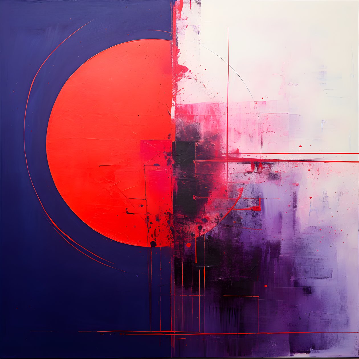 Cuadro abstracto de un círculo morado y otro rojo 1 de Kurt Heppke