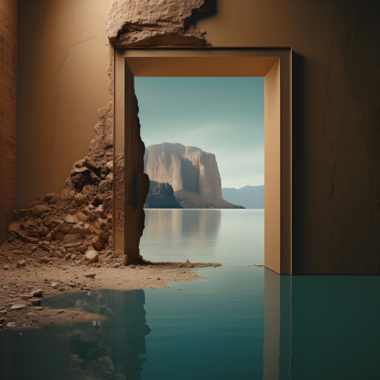 Una imagen de una habitación sin usar con el lago masivo y el desierto en un agujero enorme futurecore, alto contraste claroscuro tonos cálidos 3 de Kurt Heppke