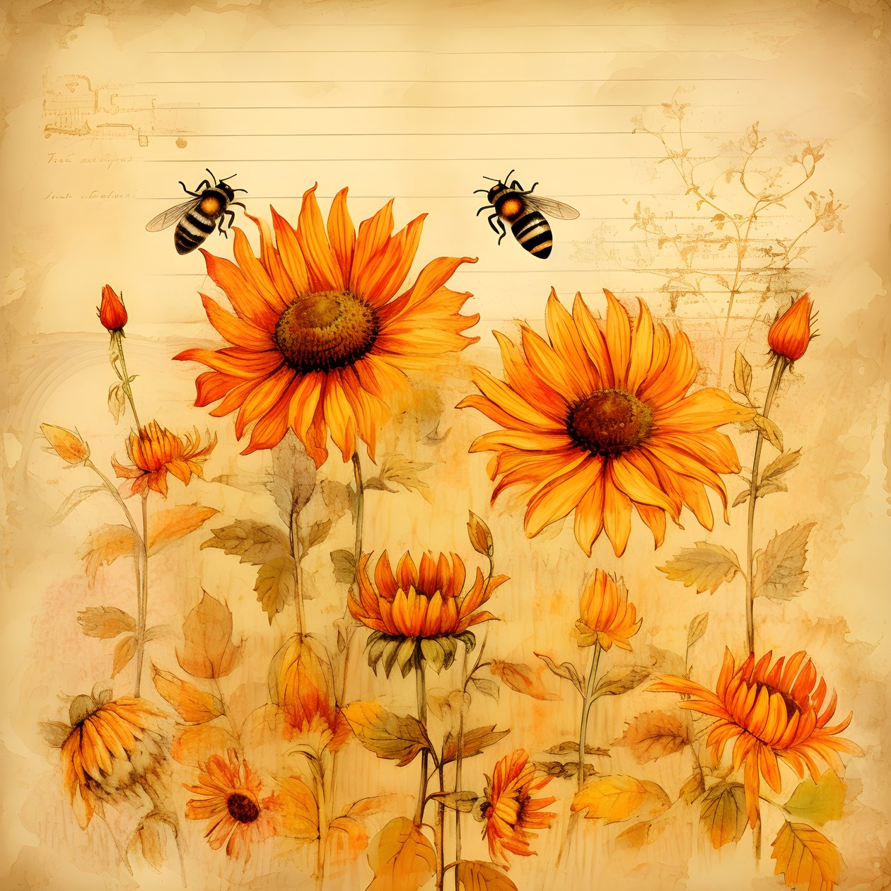 Girasoles en acuarela y siluetas de abejas rellenas de poemas otoñales escritos a mano 1 de Kurt Heppke