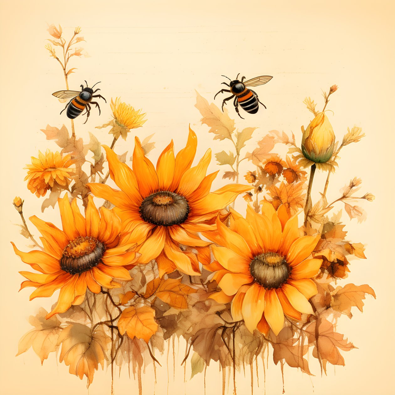 Girasoles en acuarela y siluetas de abejas rellenas de poemas otoñales escritos a mano 2 de Kurt Heppke