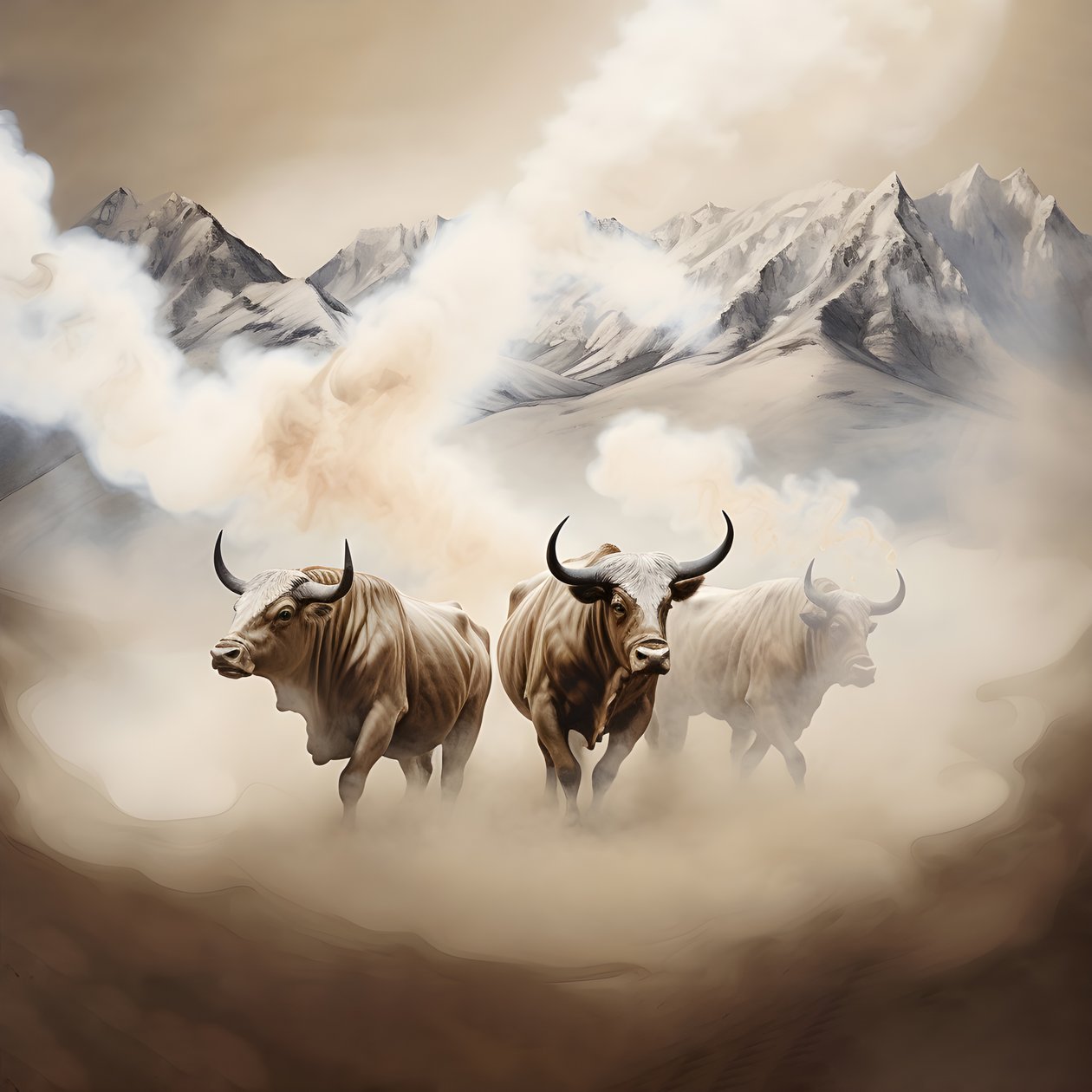 Pintura abstracta fractal sobre lienzo, textura beige-blanco-humo. 3 toros negros emergiendo del humo con el monte Ararat en el horizonte. Poses que recuerdan a los toros de Wall Street en Nueva York.  4 de Kurt Heppke
