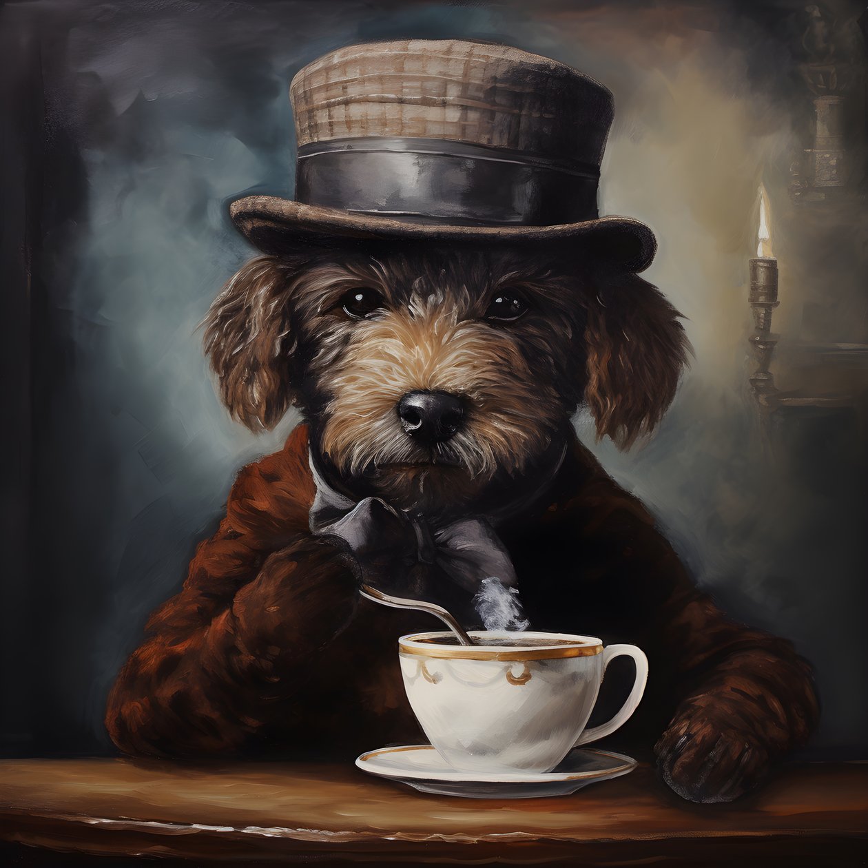 Un caniche sofisticado bebe una taza de té, lleva un jersey de cuello alto y una gorra plana, fondo ahumado 4 de Kurt Heppke
