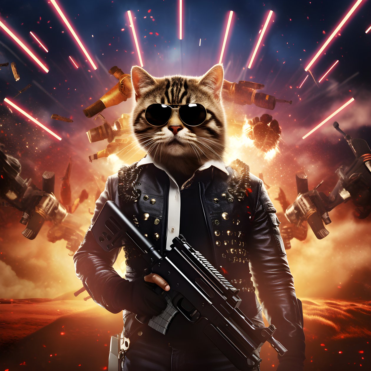 Cartel de cine de un gato con camisa de lunares blancos y negros y gafas de sol brillantes, con explosiones y cañones de fondo 2 de Kurt Heppke