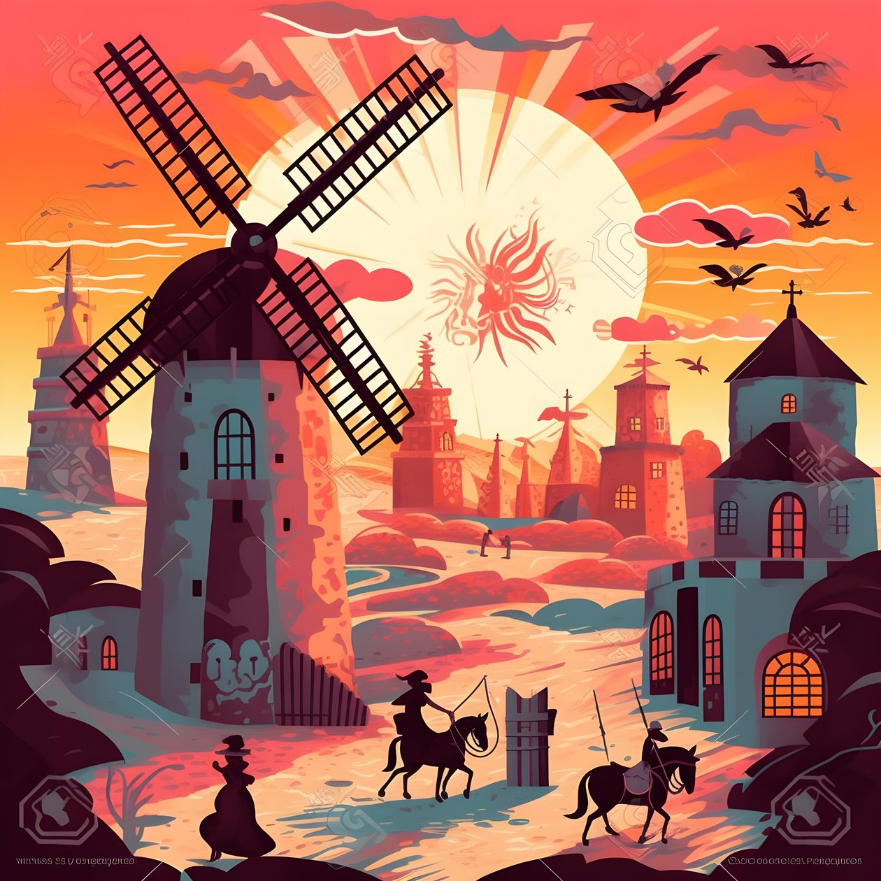 Fondo Don Quijote en el extremo derecho en su burro tan pequeño como una sombra, frente a los molinos de viento, un telón de fondo apropiado 2 de Kurt Heppke