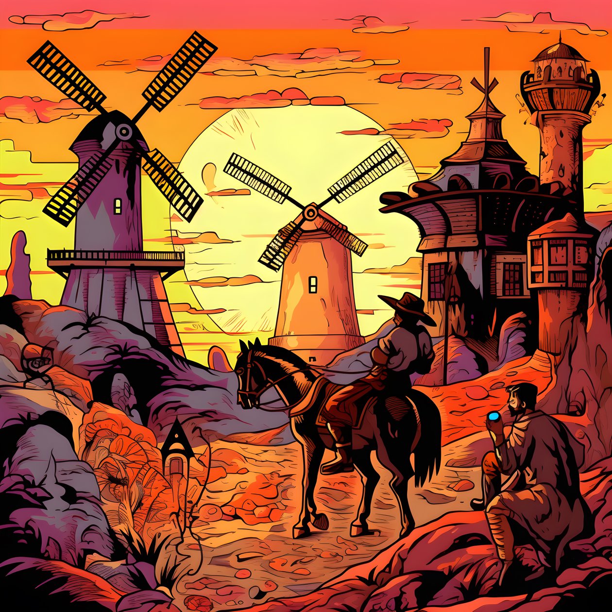 Fondo Don Quijote en el extremo derecho en su burro tan pequeño como una sombra, frente a los molinos de viento, un telón de fondo apropiado 3 de Kurt Heppke