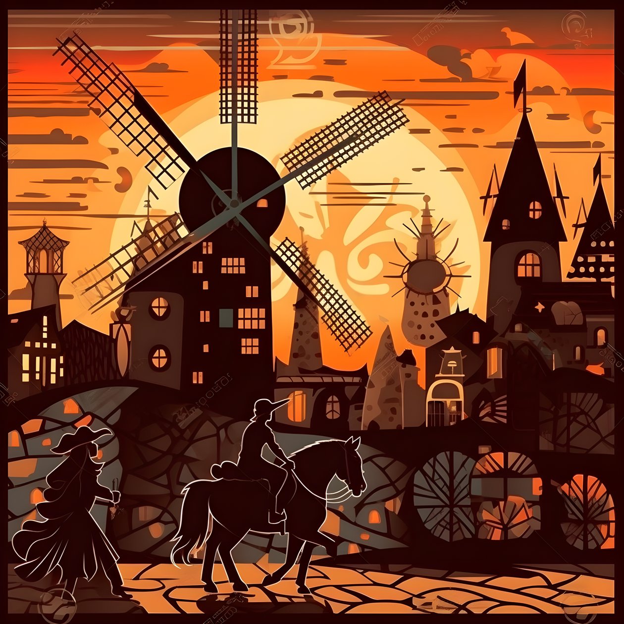 Fondo Don Quijote en el extremo derecho en su burro tan pequeño como una sombra, frente a los molinos de viento, un telón de fondo apropiado 4 de Kurt Heppke