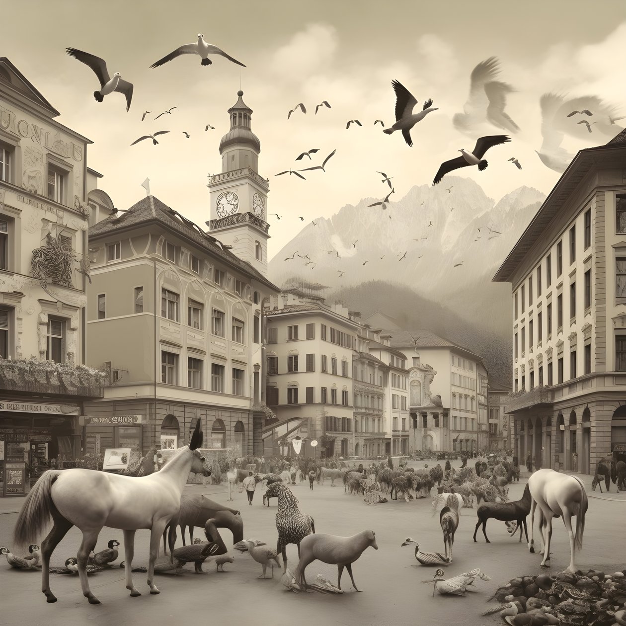 Innsbruck en una fotografía antigua con elegantes cebras, gaviotas, monos y figuras de arcilla. 1 de Kurt Heppke