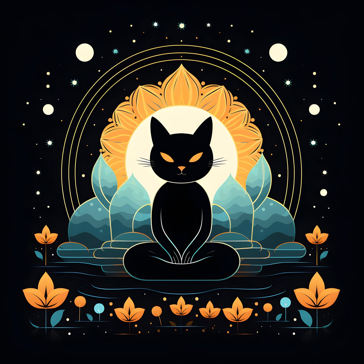 Gato en meditación sentado sobre una flor de loto 3 de Kurt Heppke