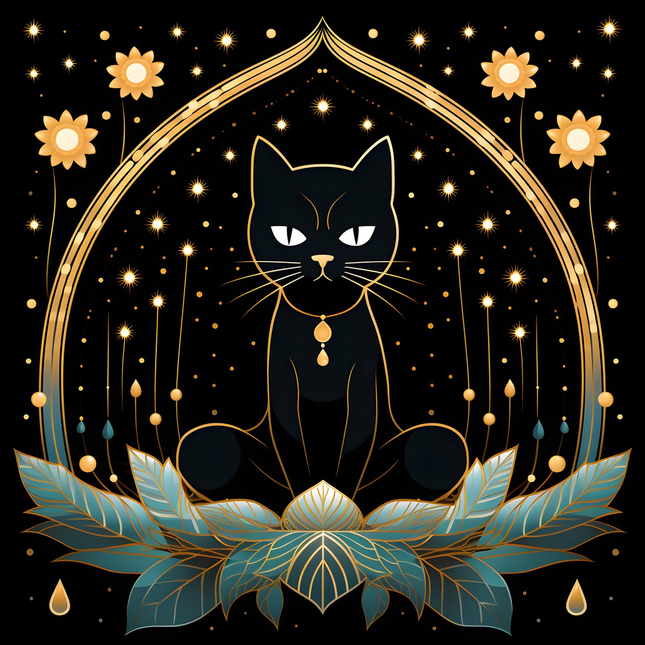 Gato en meditación sentado sobre una flor de loto 4 de Kurt Heppke